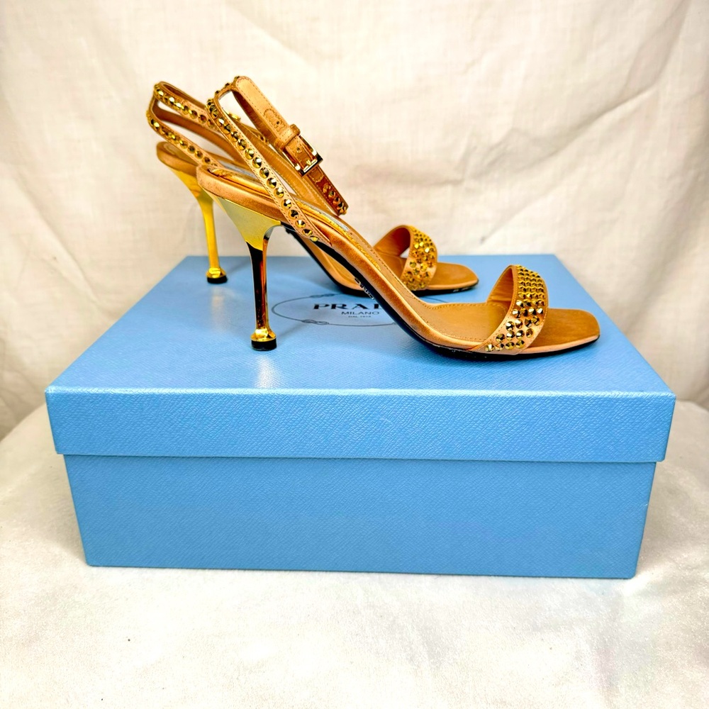 Prada metallic gold leather strappy heels with crystal embellishments size 8